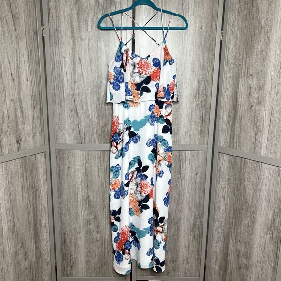 Vince Camuto Midi Dress White Color Floral Print Ruffle Neckline Size 4 - Picture 1 of 9